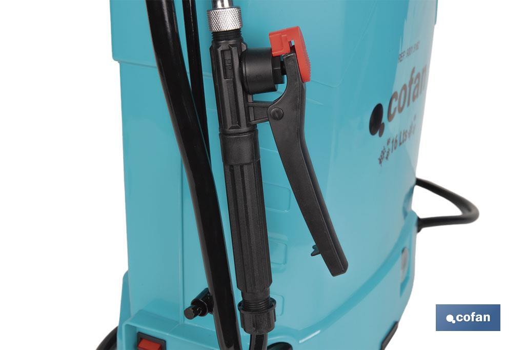 Pulverizador de espalda | Funcionamiento eléctrico y manual | Capacidad: 16 litros | Batería de Li-Ion 12 V | Lanza 60 cm | 4 boquillas | Correas acolchadas - Cofan
