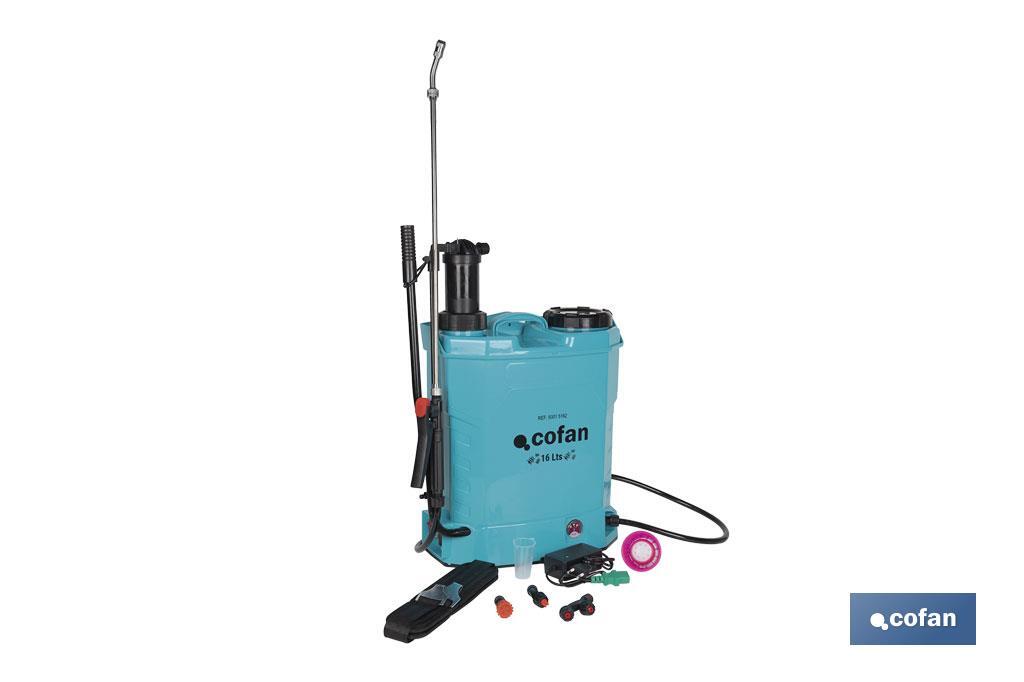 Pulverizador de espalda | Funcionamiento eléctrico y manual | Capacidad: 16 litros | Batería de Li-Ion 12 V | Lanza 60 cm | 4 boquillas | Correas acolchadas - Cofan