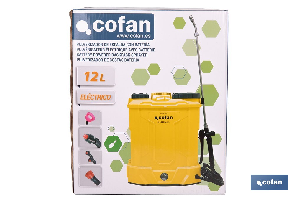Pulverizador de espalda eléctrico | Batería de litio de 12 V | Lanza de 58 cm con correas acolchadas | Disponible en dos capacidades diferentes - Cofan