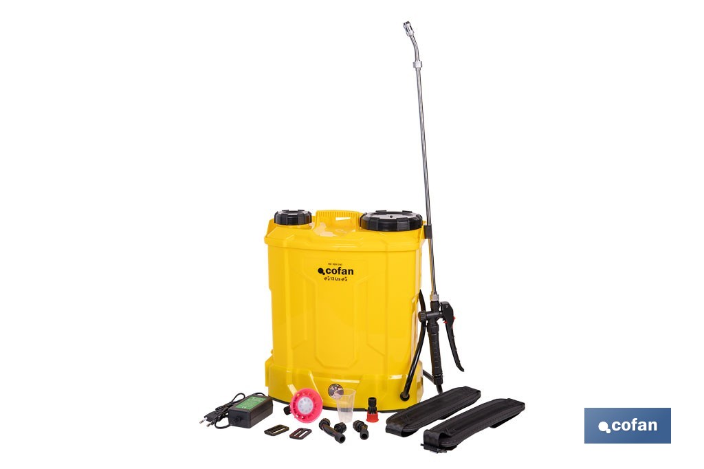 Pulverizador de espalda eléctrico | Batería de litio de 12 V | Lanza de 58 cm con correas acolchadas | Disponible en dos capacidades diferentes - Cofan