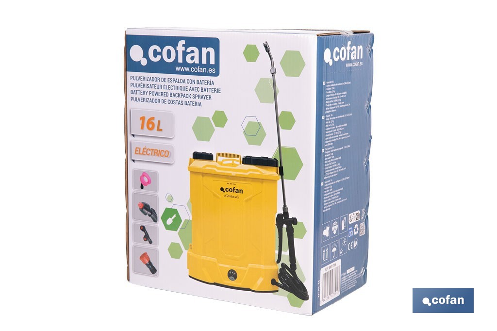 Pulverizador de espalda eléctrico | Batería de litio de 12 V | Lanza de 58 cm con correas acolchadas | Disponible en dos capacidades diferentes - Cofan