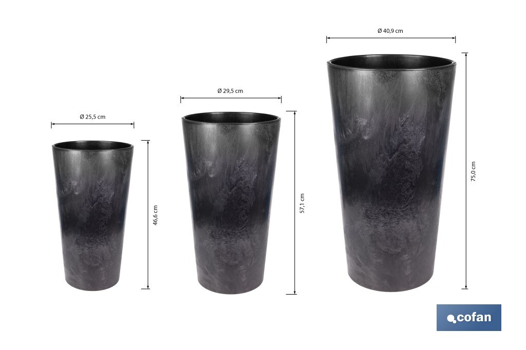 Maceteros cónicos decorativos con depósito | Color: negro | Resistentes para los UV | Material: polipropileno | Disponibles en diferentes medidas - Cofan
