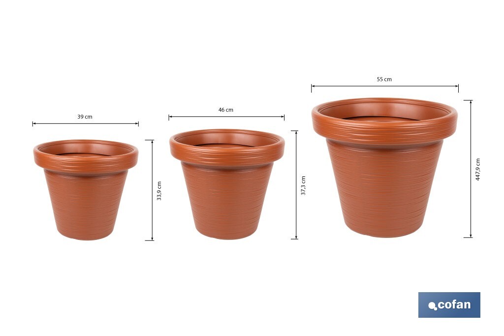 Macetas decorativas con diseño rayado | Color: terracota | Resistentes a los rayos UV | Material: Polietileno de alta densidad | Ideales para interiores y exteriores | Disponibles en diferentes medidas y capacidades - Cofan
