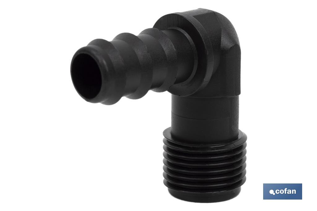 Conector en forma de Codo con Rosca Macho 3/4" color Negro - Cofan