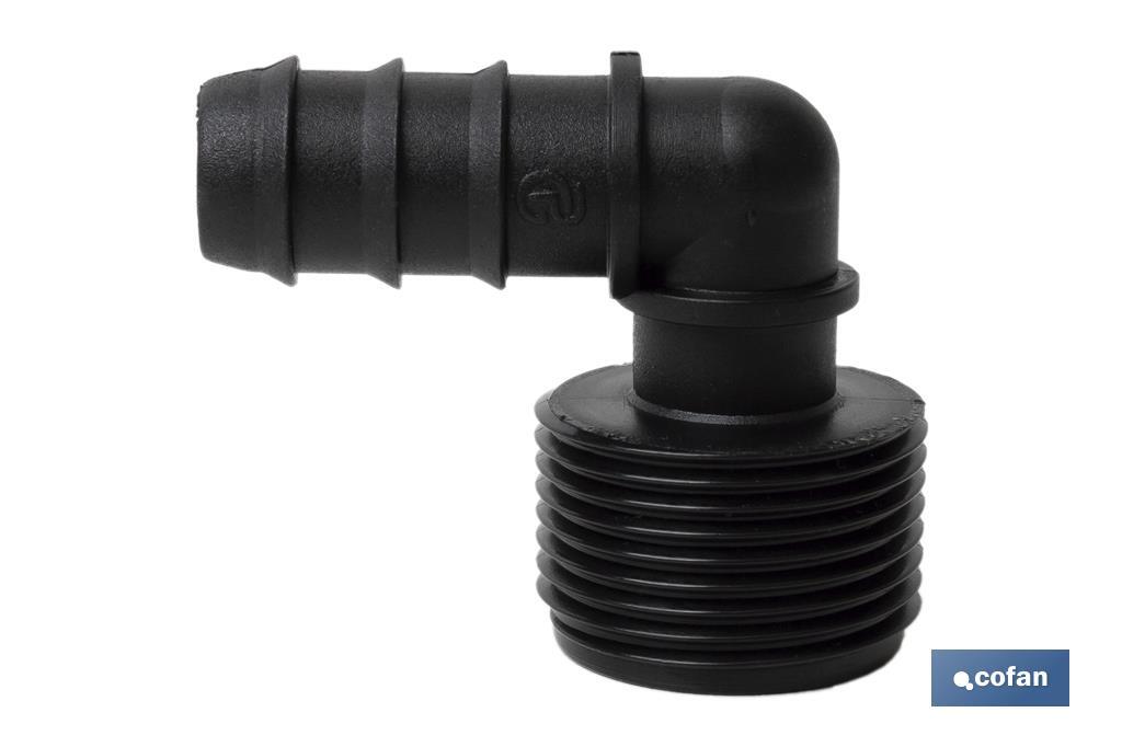 3/4" Male-threaded elbow hose connector | Black | Essential irrigation accessory for drip irrigation system installation - Cofan