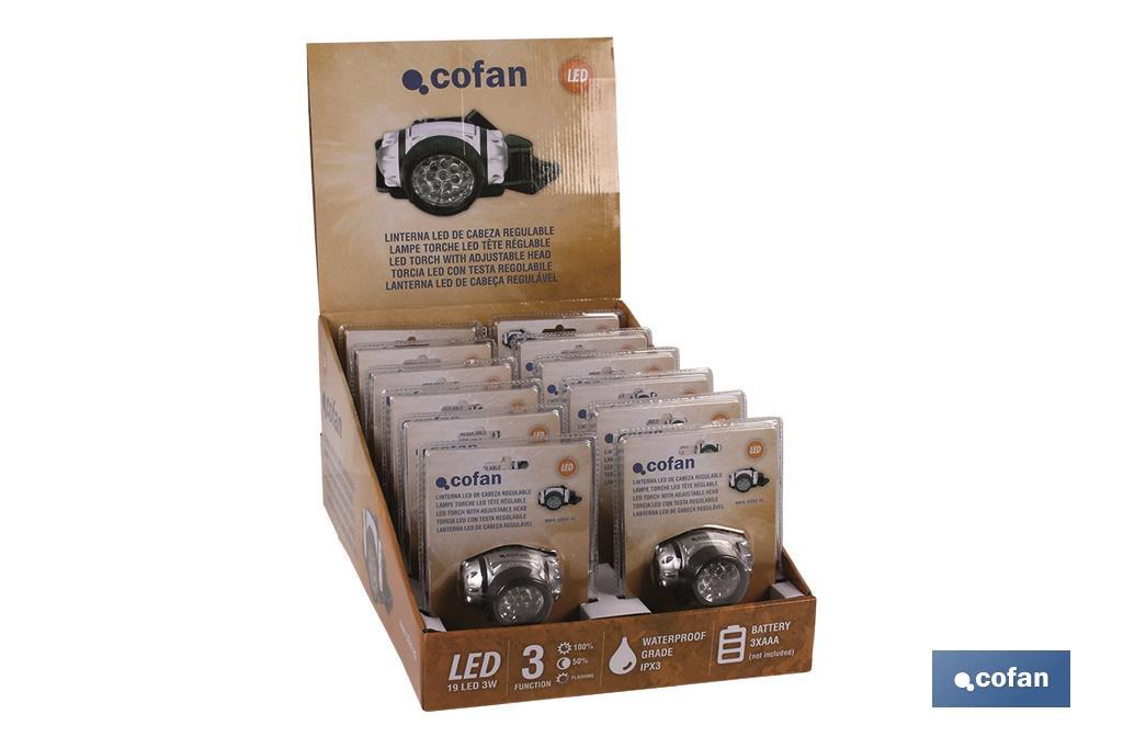 Display stand with 12 units of 19 LED head torches - Cofan