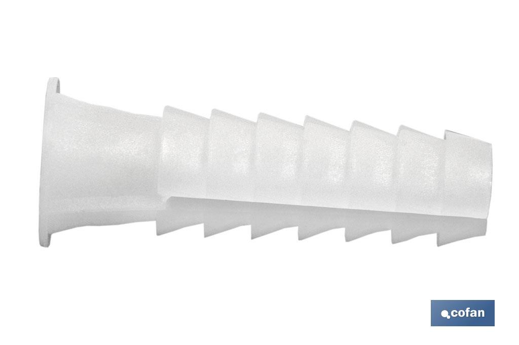 Taco de LDPE blanco estriado | En bolsitas de 25 unidades | Ideal para huecos y macizos | Medidas desde Ø 5 hasta 12 mm - Cofan