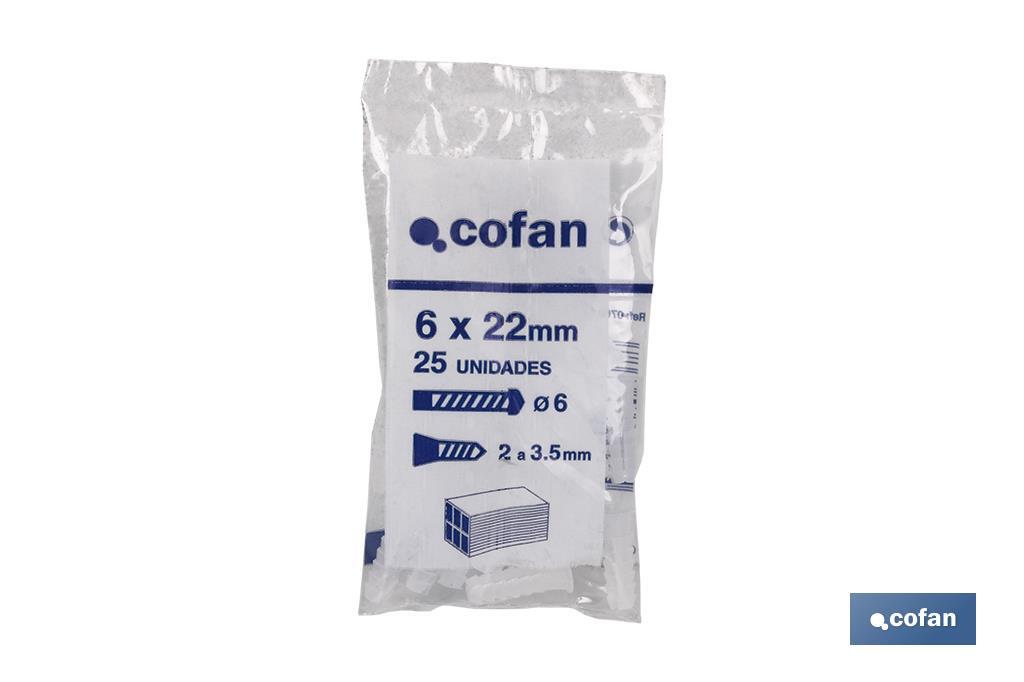 Taco de LDPE blanco estriado | En bolsitas de 25 unidades | Ideal para huecos y macizos | Medidas desde Ø 5 hasta 12 mm - Cofan