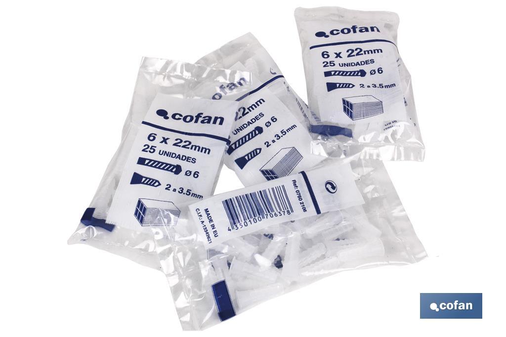 Taco de LDPE blanco estriado | En bolsitas de 25 unidades | Ideal para huecos y macizos | Medidas desde Ø 5 hasta 12 mm - Cofan