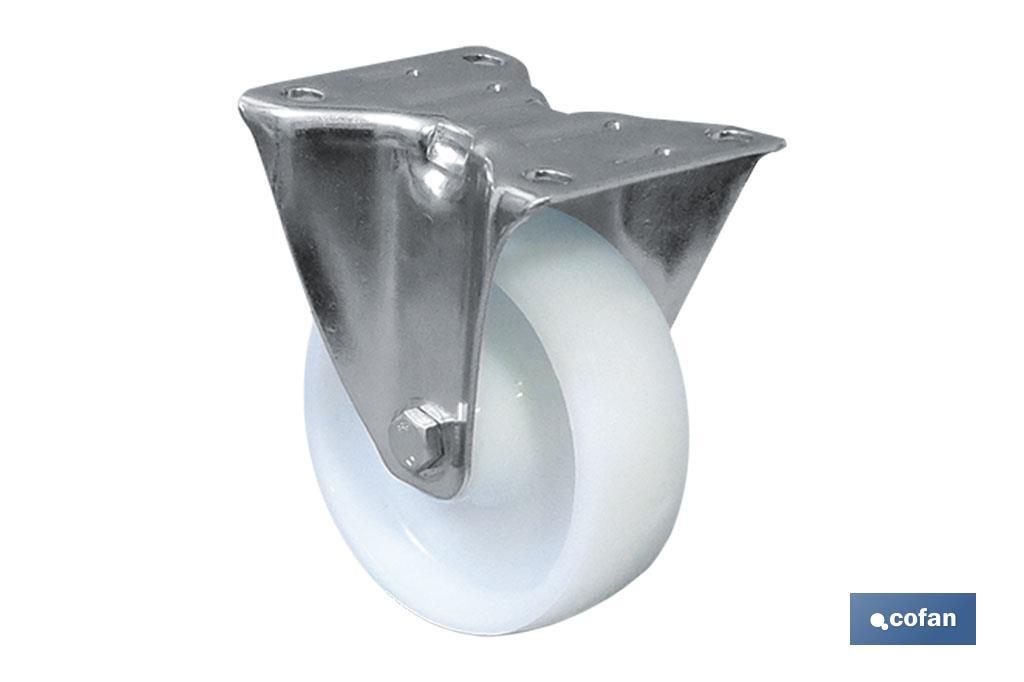 Rueda de nylon fija giratoria | Con cojinete liso | Para pesos de hasta 150 kg y diámetros de 80, 100 y 125 mm - Cofan