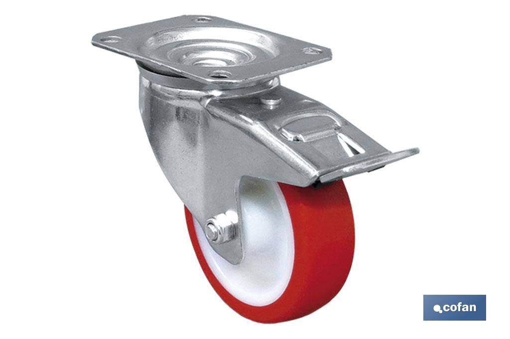 Braked polyurethane castor with swivel plate | With plain mounting plate - Cofan