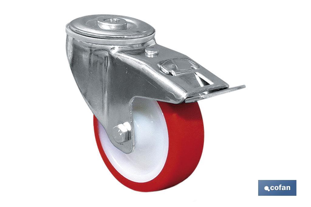 Polyurethane castor with single bolt hole, brake and swivel plate | With plain mounting plate - Cofan