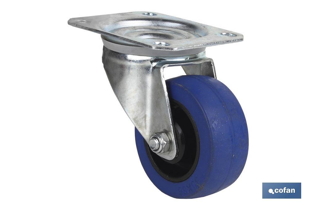 Blue rubber castor with swivel plate | With roller bearing | For loads up to 150kg and diameters of 80, 100 and 125mm - Cofan