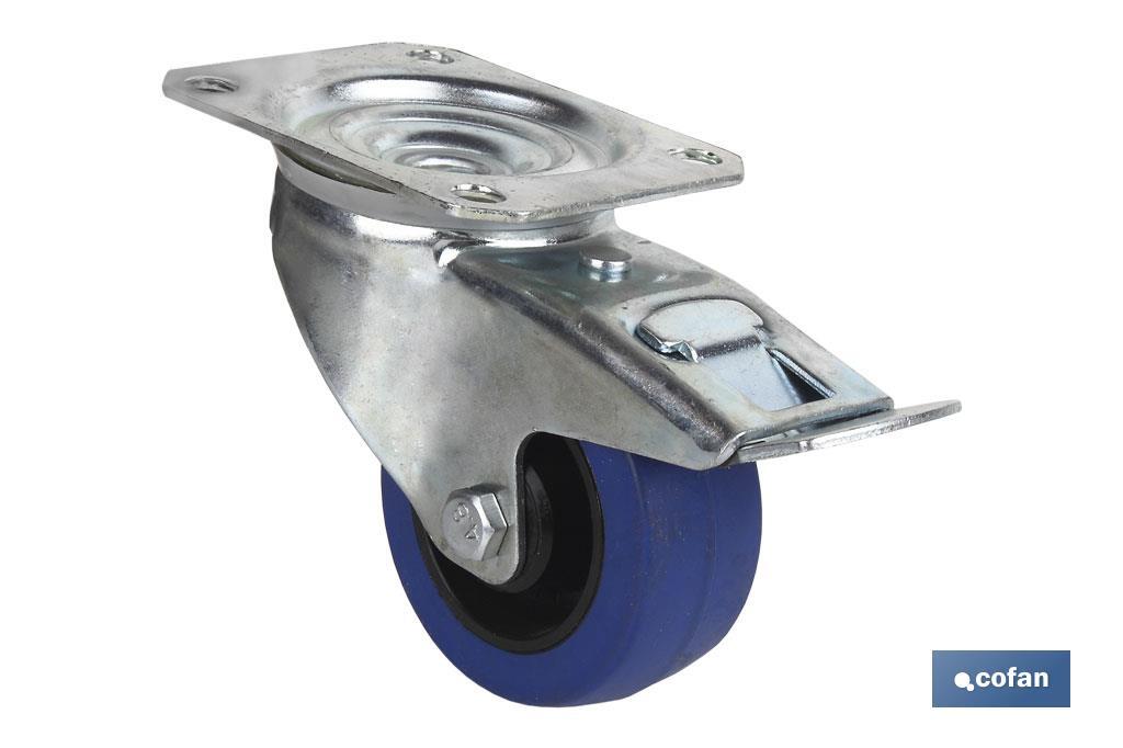 Swivel blue rubber castor with brake | With roller bearing | For loads up to 150kg and diameters of 80, 100 and 125mm - Cofan