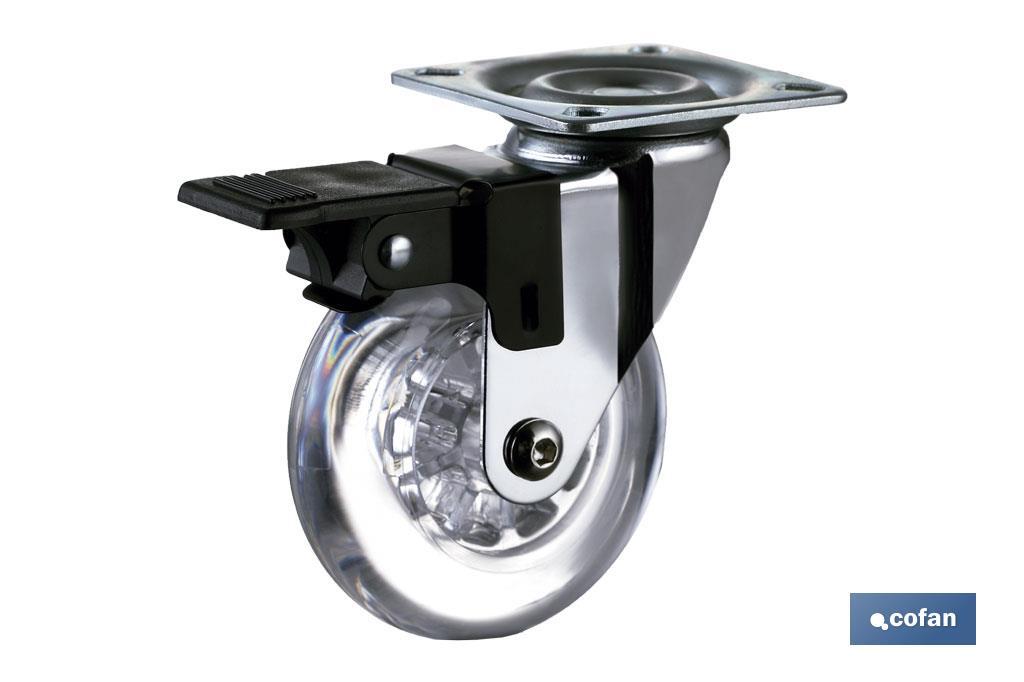 Clear polyurethane castor with swivel chrome-plated plate and brake | Available diameters from 35mm to 75mm - Cofan