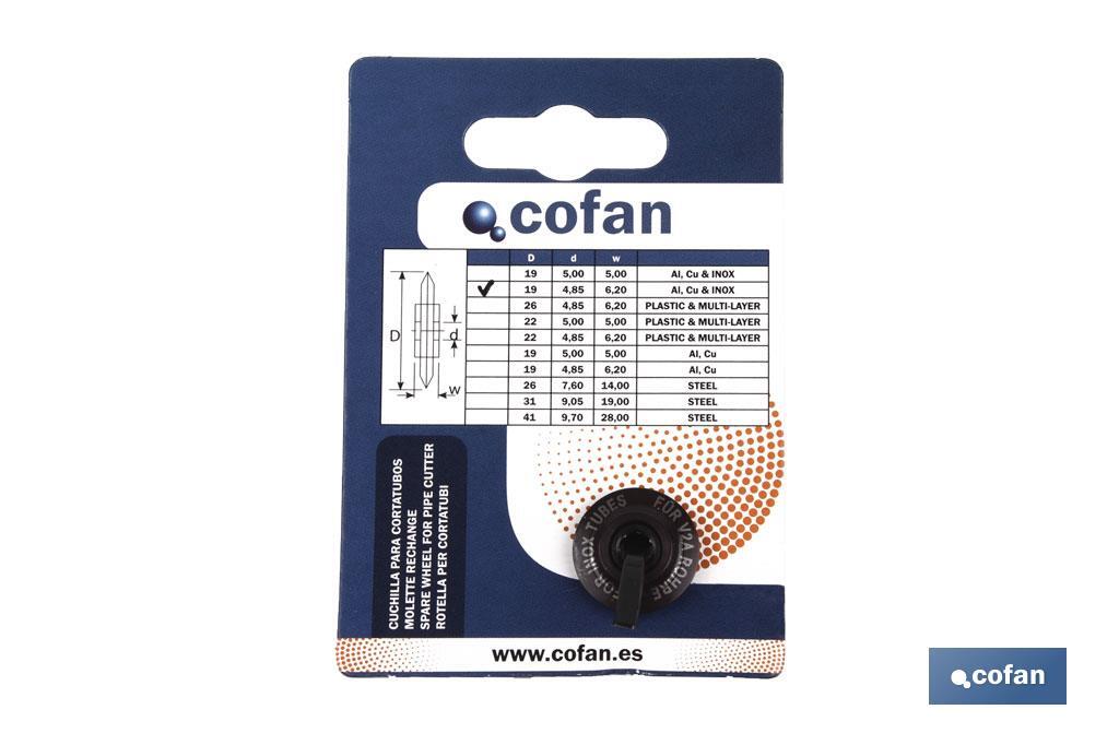Replacement wheel blade | For pipe cutter | Diameter: 19 x 6.2mm | Ideal for stainless steel - Cofan