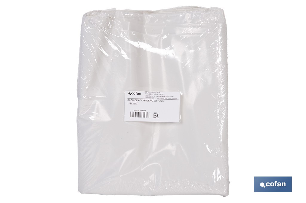 Saco de polietileno blanco impermeable | Galga 300 | Grosor: 75 micras | Medidas: 55 x 75 cm - Cofan