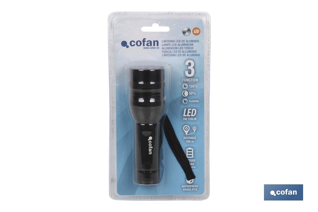 Aluminium torch, 3 Led, 3 functions, 3,7 x 15cm - Cofan