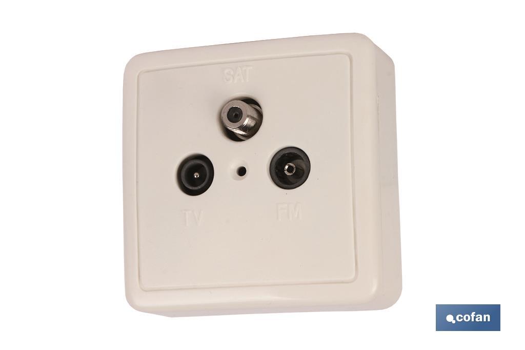 Squared TV aerial coaxial socket | 1 Female, 1 Male Connector & 1 Satellite Socket | White - Cofan