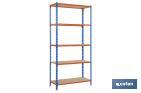 Steel shelving unit | Blue and orange | Available with 5 wooden tiers | Size: 2,000 X 1,000 X 500MM - Cofan
