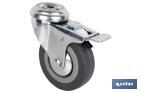 Rueda de goma gris para tornillo pasante y con freno | Diámetros desde 30mm hasta 75 mm | Para pesos desde 25 kg hasta 45 kg - Cofan
