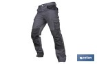 PANTALÓN DE TRABAJO MODELO HEIMDALL EN GRIS OSCURO Y NEGRO | ELÁSTICO, REFORZADO CON MÚLTIPLES BOLSILLOS | MATERIALES: 65 % POLIÉSTER, 32 % ALGODÓN | DISPONIBLE EN AMPLIO RANGO DE TALLAS