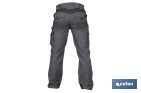 Pantalón de trabajo modelo Heimdall en gris oscuro y negro | Elástico, reforzado con múltiples bolsillos | Materiales: 65 % poliéster, 32 % algodón | Disponible en amplio rango de tallas - Cofan