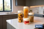 Bote de cocina de vidrio borosilicato | Tapa beige | Cierre a presión | Capacidad: 400 ml | Almacenaje de alimentos | Medidas: Ø10 x 9,6 cm - Cofan