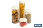 Bote de cocina de vidrio borosilicato | Tapa beige | Cierre a presión | Capacidad: 400 ml | Almacenaje de alimentos | Medidas: Ø10 x 9,6 cm - Cofan