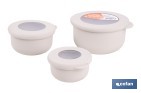 Set de 3 recipientes redondos con tapa | Capacidad: 100 ml, 250 ml, 500 ml | Material: PP + TPE | Colores aleatorios gris, marrón o blanco - Cofan
