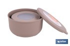 Set de 3 recipientes redondos con tapa | Capacidad: 100 ml, 250 ml, 500 ml | Material: PP + TPE | Colores aleatorios gris, marrón o blanco - Cofan