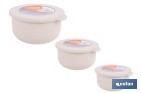 Set de 3 recipientes redondos con tapa | Capacidad: 100 ml, 250 ml, 500 ml | Material: PP + TPE | Colores aleatorios gris, marrón o blanco - Cofan