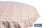 Mantel redondo antimanchas resinado con estampado de florecillas | Materiales: 50% algodón y 50% poliéster | Diámetro: 1,40 m - Cofan