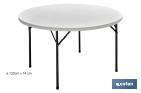 WHITE FOLDING ROUND TABLE | MAXIMUM WEIGHT: 150KG | SUITABLE FOR 8 PEOPLE | OPEN DIMENSIONS: Ø120 X 74CM 