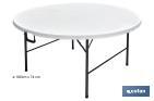 WHITE FOLDING ROUND TABLE | MAXIMUM WEIGHT: 150KG | SUITABLE FOR 10 PEOPLE | OPEN DIMENSIONS: Ø180 X 74CM 