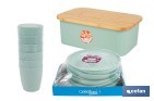 PACK DE PANERA CON TAPA DE BAMBÚ, 6 VASOS DE AGUA DE 400 ML, 6 PLATOS REDONDOS | DISPONIBLE EN COLOR VERDE AGUA Y BEIGE