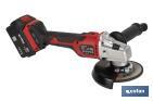 Amoladora a batería sin escobillas | Velocidad variable | Mango 3 posiciones | Incluye: batería de 20 V y 4.0 Ah, cargador y maletín con disco de corte, protector y mango auxiliar - Cofan