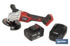 Amoladora a batería sin escobillas | Velocidad variable | Mango 3 posiciones | Incluye: batería de 20 V y 4.0 Ah, cargador y maletín con disco de corte, protector y mango auxiliar - Cofan