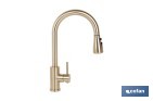 GRIFO DE COCINA EXTENSIBLE DORADO CON 3 FUNCIONES Y GIRO 360° | MATERIAL: ACERO INOXIDABLE | ACABADO CEPILLADO | CARTUCHO CERÁMICO Ø35 MM