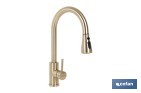 Grifo de cocina extensible dorado con 3 funciones y giro 360° | Material: acero inoxidable | Acabado cepillado | Cartucho cerámico Ø35 mm - Cofan