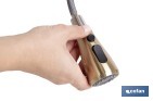 Grifo de cocina extensible dorado con 3 funciones y giro 360° | Material: acero inoxidable | Acabado cepillado | Cartucho cerámico Ø35 mm - Cofan