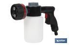 Pistola de riego con 6 posiciones ajustables y depósito para dispensador de jabón de 500 ml - Cofan