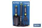 Set de 3 herramientas de jardinería | Incluye: trasplantador, rastrillo y azuela - Cofan