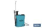 PULVERIZADOR DE ESPALDA | FUNCIONAMIENTO ELÉCTRICO Y MANUAL | CAPACIDAD: 16 LITROS | BATERÍA DE LI-ION 12 V | LANZA 60 CM | 4 BOQUILLAS | CORREAS ACOLCHADAS