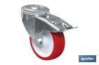 POLYURETHANE CASTOR WITH SINGLE BOLT HOLE, BRAKE AND SWIVEL PLATE | WITH PLAIN MOUNTING PLATE