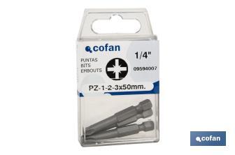 Kit de puntas de acero para atornillar | Contenido 3 puntas Pozi drive de 50 mm | Modelo 1/4" PZ - Cofan