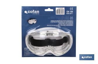 Security goggles against projections, comfortable and lightweight. Lenses with a scratch resistant treatment, an adjustable headband and UV protection. It can be adjusted to every type of glasses, EN 166. - Cofan