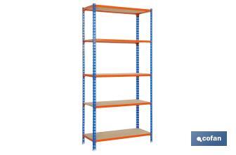 Estantería de acero | Color azul y naranja | Disponible con 5 baldas de madera | Medidas: 200 x 100 x 50 cm - Cofan