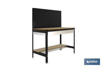 Banco de trabajo | Incluye panel perforado, 2 estantes de madera y 1 cajón | Disponible en color antracita | Medidas: 1445 x 1210 x 610 mm - Cofan