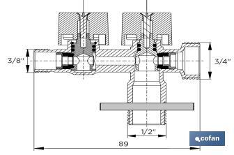 Valve d'Équerre avec Double Sortie | Dimensions : 1/2" x 1/2" X 3/8" | Fabriquée en Laiton CW617N | Filetage d'Entrée de Gaz - Cofan